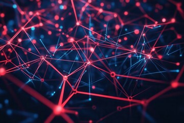 An abstract digital network of interconnected red and blue geometric shapes and lines
