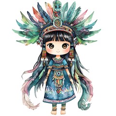 Canvas Print - Watercolor Illustration of a Cute Girl with Feathers and Traditional Mexican Headwear.