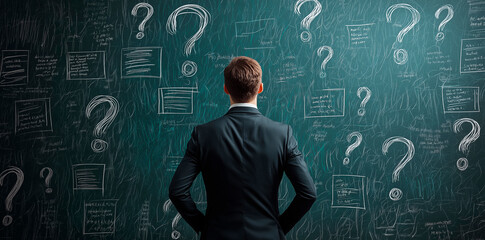Fototapete - Businessman contemplating chalkboard filled with question marks and notes.