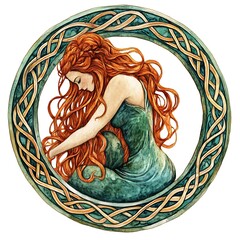 Wall Mural - Watercolor Illustration of a Woman with Long Red Hair in a Celtic Knot Frame.