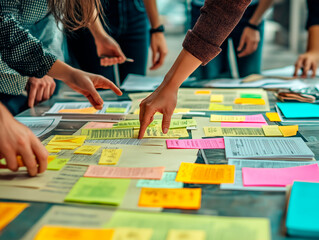 Canvas Print - Business collaboration and brainstorming session with sticky notes on a table.