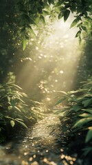 Wall Mural - Sunbeams Through Lush Forest: Tranquil Stream in Nature