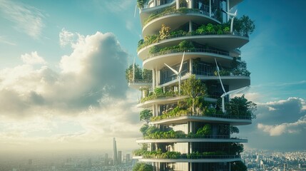 Sticker - A Sustainable Vertical City with Green Balconies and Wind Turbines