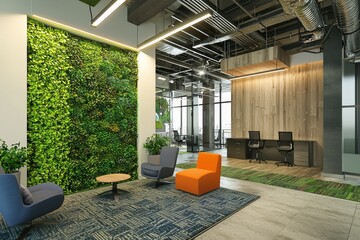 Modern office waiting area with a green wall, two comfortable chairs and an orange sofa.