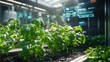© Pannin - An advanced plant cultivation environment with plants surrounded by holographic displays showing growth statistics and nutrient data, showcasing futuristic farming methods.