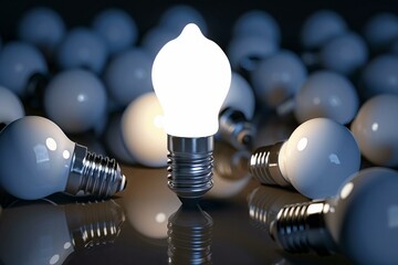 Eco energy saving light bulb , one glowing compact fluorescent lightbulb standing amongst the unlit incandescent bulbs with reflection