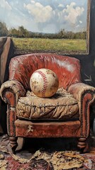 Wall Mural - Vintage Baseball and Worn Armchair - A Still Life Painting