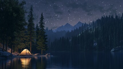 Poster - Hiking by the lake, forest canopy, tent under the stars provides the perfect place to rest after a long day of exploring the wilderness 