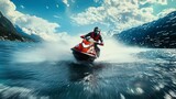 High-speed jet ski racing on a lake, thrilling, water sports, adventure, sci-fi tone