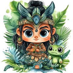 Canvas Print - Cute Cartoon Tribal Girl with a Frog in the Jungle.