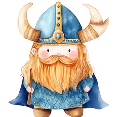 Wall Mural - Watercolor Illustration of a Cute Cartoon Viking Character.