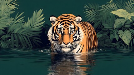 Powerful Tiger Wading Through Flooded Lush Tropical Jungle Landscape