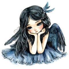 Poster - Watercolor Illustration of a Girl with Raven Wings.