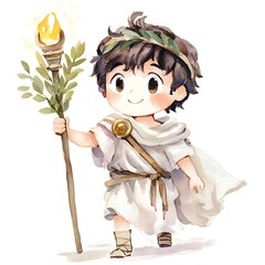 Sticker - Watercolor Illustration of a Young Boy Dressed in a Tunic Holding a Torch.