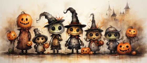 Whimsical Halloween Characters with Pumpkins and Costumes