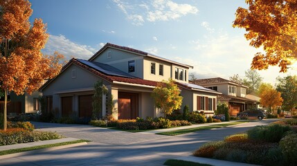 Wall Mural - Modern Suburban Home with Solar Panels and Fall Foliage