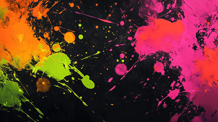 Poster - Dynamic Neon Paint Splashes on Black Canvas Modern Abstract Art with Bold Pink and Orange Colors