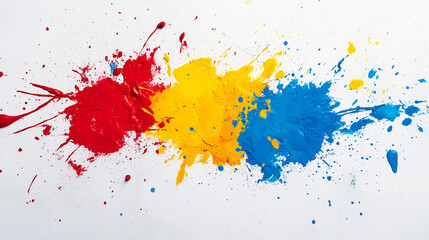 Poster - Abstract Artistic Paint Splatter Explosion Red Yellow Blue On White Canvas