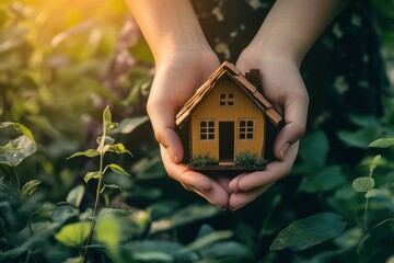 Close up female hands hold's to saving small house on nature background