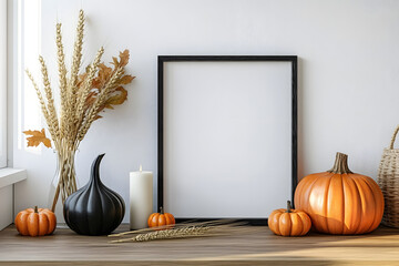 Wall Mural - Home interior with frame mockup, autumn decorations, pumpkins, wheat vase, candle. Scandinavian, minimal style. Poster design for Halloween or Thanksgiving.
