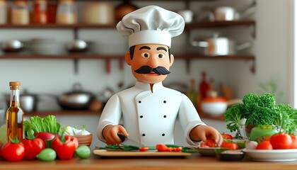 Friendly chef crafting a meal with fresh ingredients in a 3D restaurant kitchen setting on a clean white backdrop