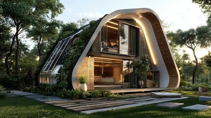 Poster - Modern Curved House with Wooden Accents and Greenery