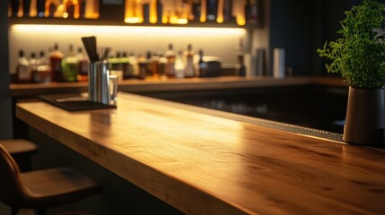 A wooden bar countertop with an empty space for decoration against a softly lit background creating a welcoming and relaxed atmosphere