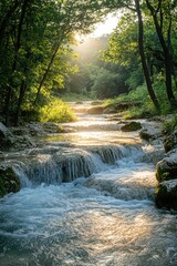 Pure fresh water cascading down waterfall in lush green forest