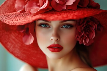 Canvas Print - Beautiful model posing wearing a red hat with flowers