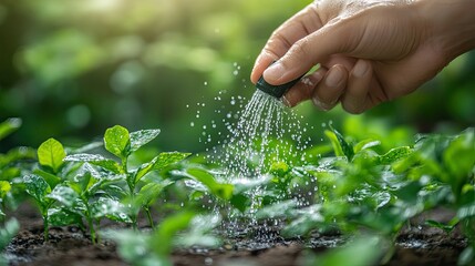 Hand Watering Green Plants with a Sprinkler