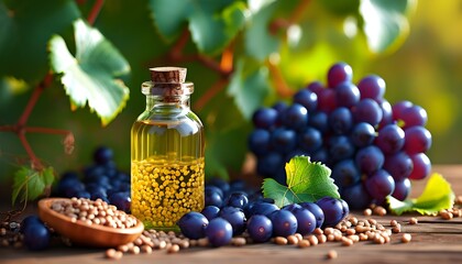 Poster - Grapeseed Extract Surrounded by Fresh Grapes and Seeds