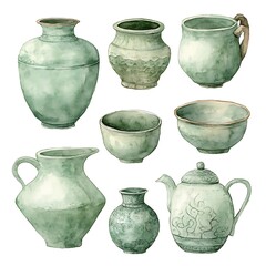 Canvas Print - Watercolor Set of Green Ceramic Tea Pots and Vases.