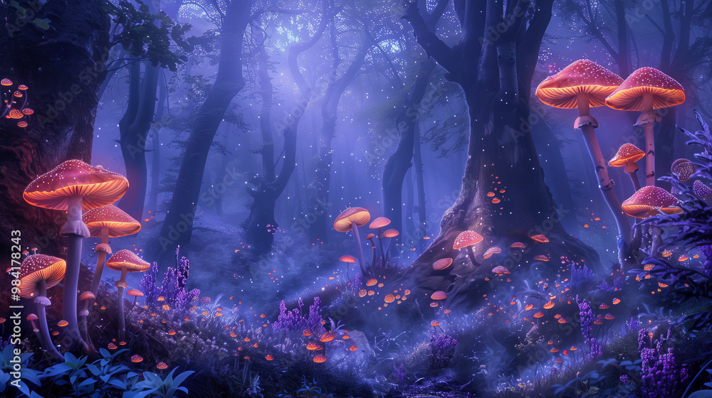 Glowing mushrooms in an enchanted purple forest under a twilight sky ...