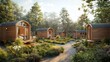 © farhan - A series of wooden tiny homes clustered around a communal garden, each uniquely designed but harmoniously styled