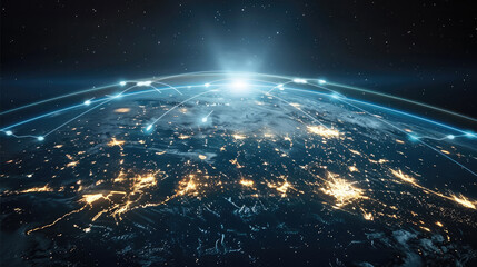 Leinwandbilder - The Earth is surrounded by a network grid. Internet coverage on Earth, space technology. Generative AI.