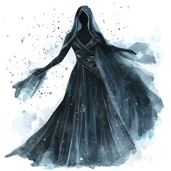 Wall Mural - Watercolor illustration of a mysterious woman in a flowing gown.