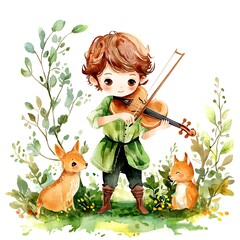 Sticker - Watercolor Illustration of a Boy Playing Violin in the Woods with Animals.