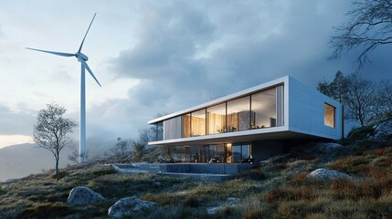 Wall Mural - Modern House on a Hillside with a Wind Turbine in the Background