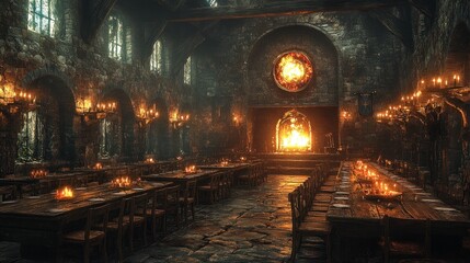 A medieval banquet hall with long tables and a roaring fireplace.