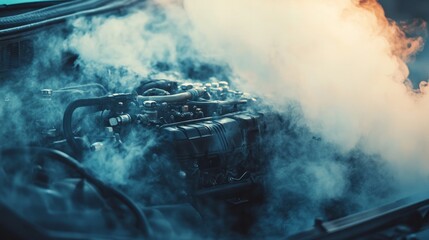 close-up of an automobile engine overheating. smoke coming from the car engine. steam or smoke coming from a car's engine
