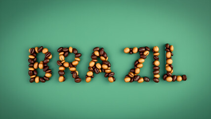 BRAZIL text made of coffee beans and soccer balls on a background. Generative AI