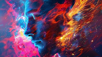 Wall Mural - Man's face merges with a holographic projection, creating a stunning visual effect of fire, smoke, and light, evoking themes of transformation and technology