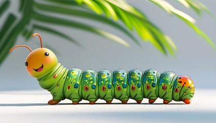 cheerful 3D caterpillar with vibrant green segments on a white background