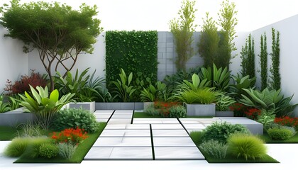 Wall Mural - Innovative landscape designer crafting outdoor spaces using blueprints and 3D plant samples against a clean white backdrop