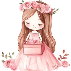 Canvas Print - Watercolor Illustration of a Cute Girl with a Flower Crown Holding a Gift Box.