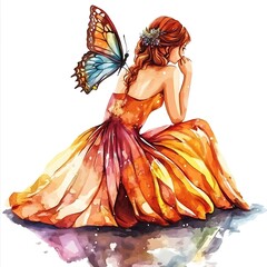 Poster - Watercolor Illustration of a Woman with a Butterfly on Her Shoulder.