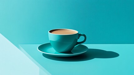 Canvas Print - A blue cup of coffee on a blue saucer with a shadow.