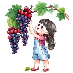 Canvas Print - Watercolor Illustration of a Little Girl Picking Grapes from a Vine.