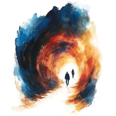 Sticker - Abstract Watercolor Painting of Two People Walking Towards the Light.