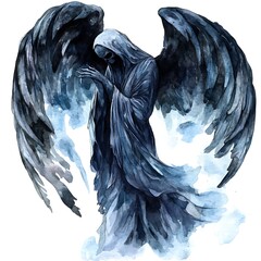 Wall Mural - Watercolor Illustration of a Grim Reaper Angel with Large Wings.